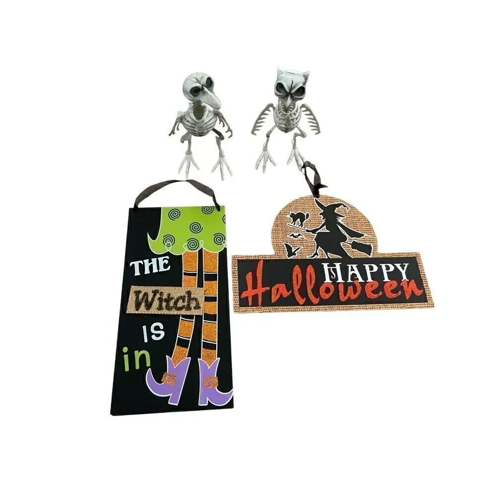 4 Pc Halloween Decorations Hanging Wall Signs Skeletons Spooky